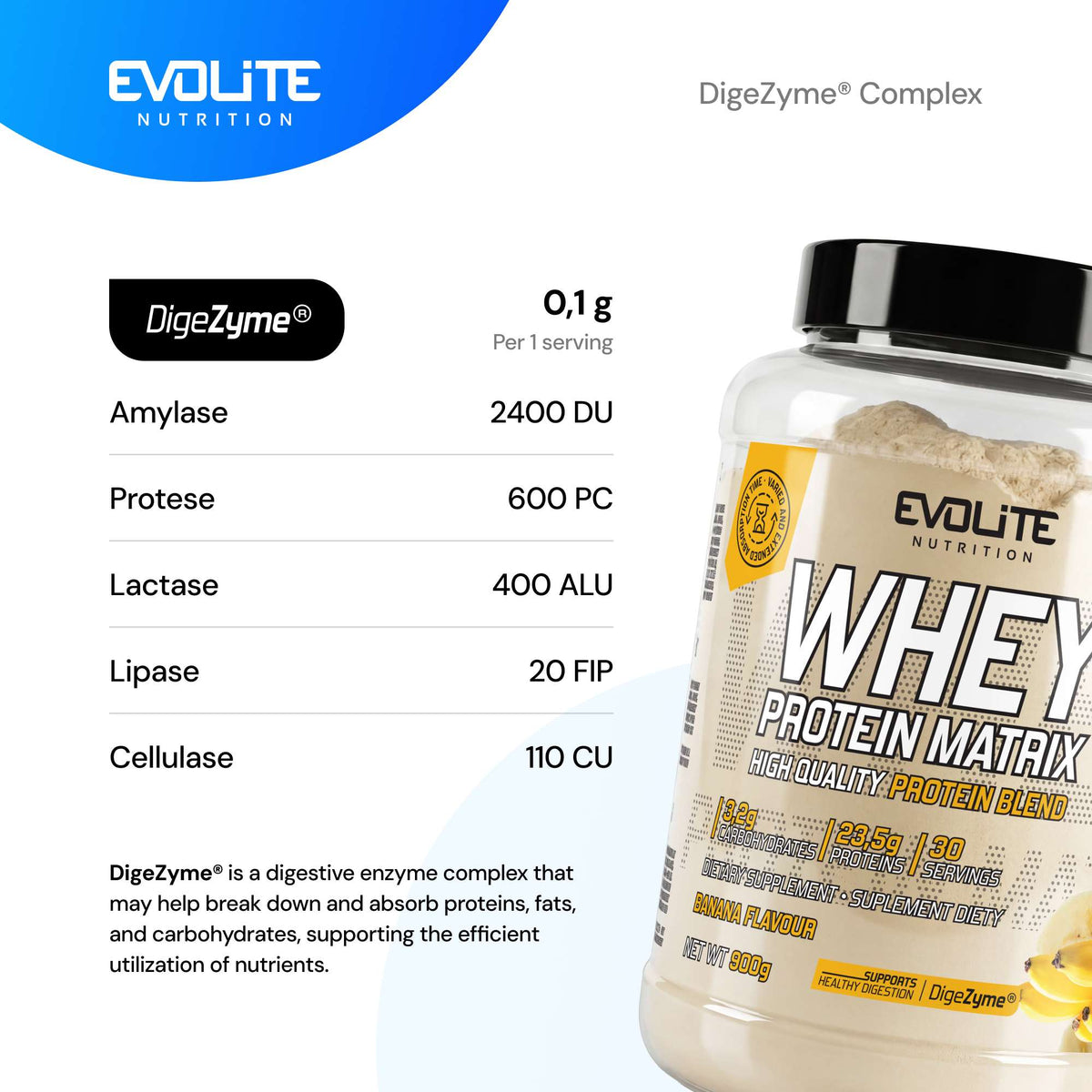 Evolite Nutrition Whey Protein Matrix 900g DigeZyme Complex