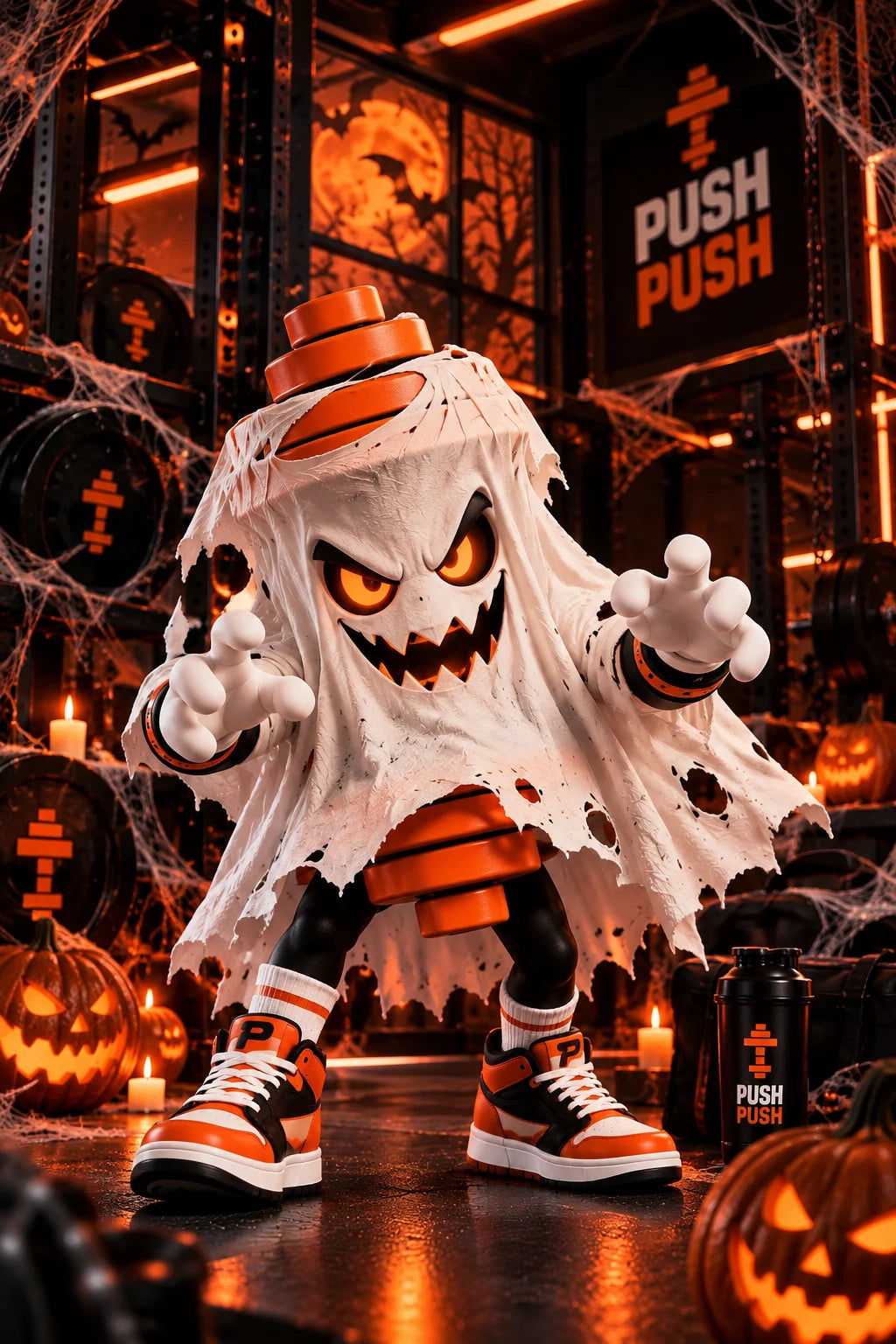 Halloween Fitness Banner mit PushPush Charakter im Fitnessstudio