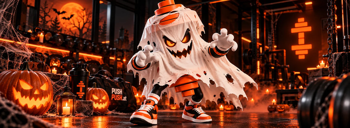 Halloween Fitness Banner mit PushPush Charakter und Supplements