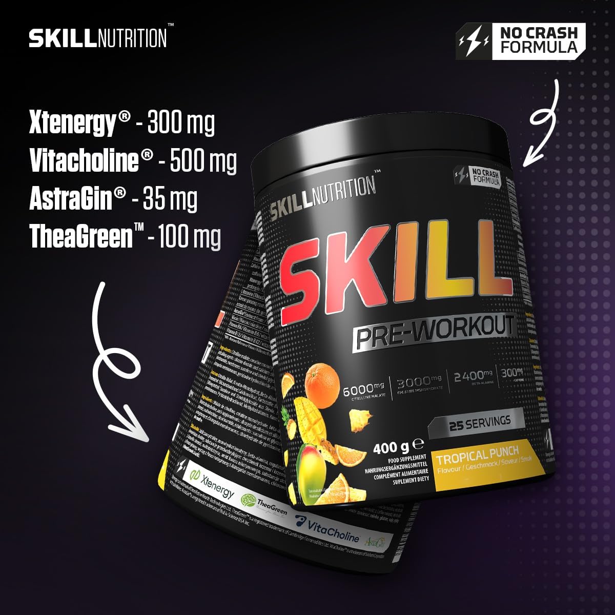 Nährwerttabelle des Skill Nutrition Pre-Workouts mit patentiertem AstraGin, Xtenergy und Kreatin