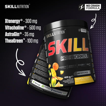 Nährwerttabelle des Skill Nutrition Pre-Workouts mit patentiertem AstraGin, Xtenergy und Kreatin