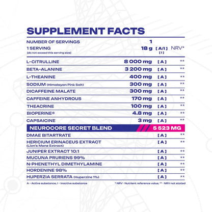 Nährwerttabelle des Veiny Galaxy Hyperion Boosters mit Neurocore Blend